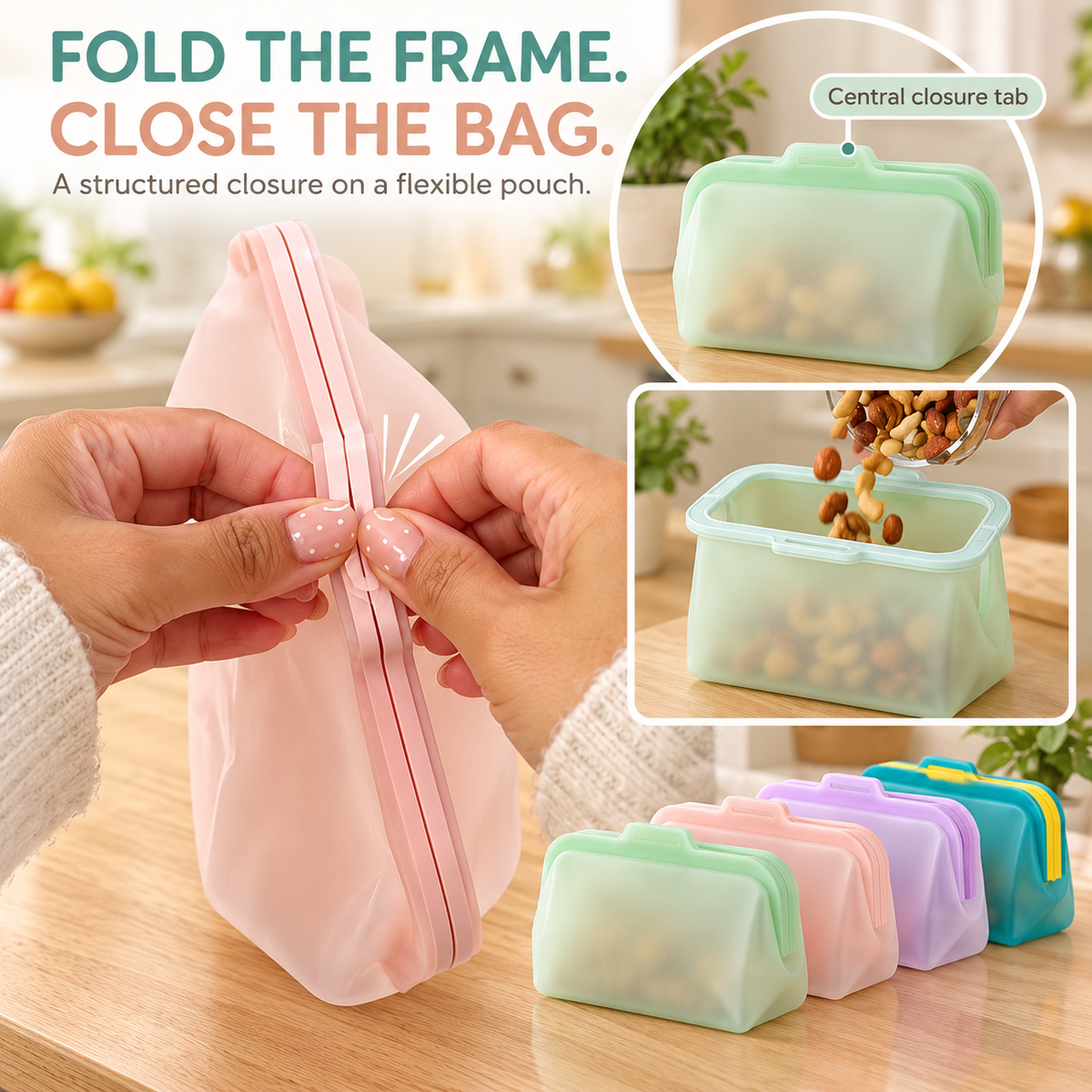 🥜 FreshFold™ Reusable Food Storage Bags – Stand-Up Silicone Pouches