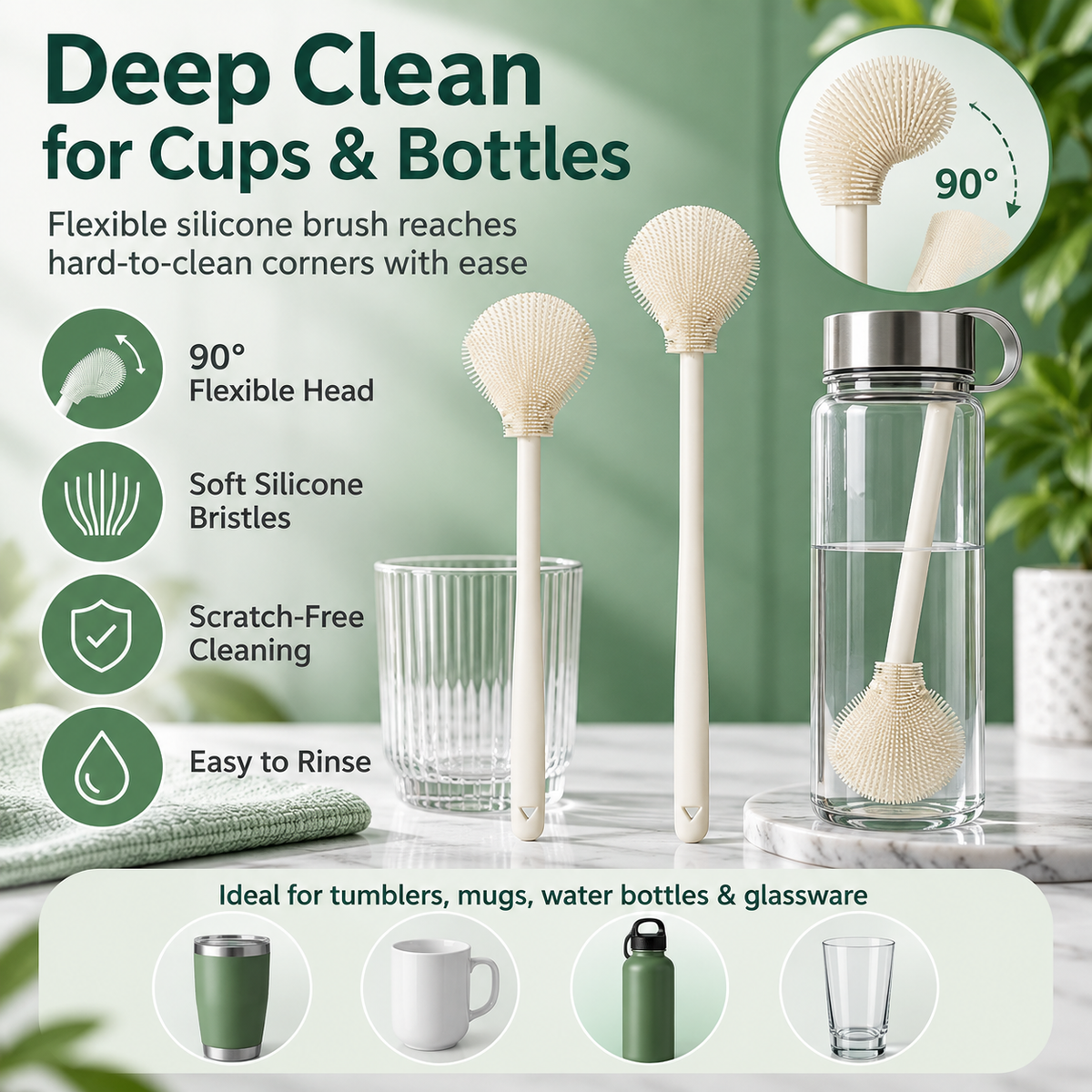 🧼 FlexiClean™ 90° Flexible Silicone Bottle Brush – Deep Cleaning for Cups, Tumblers & Bottles