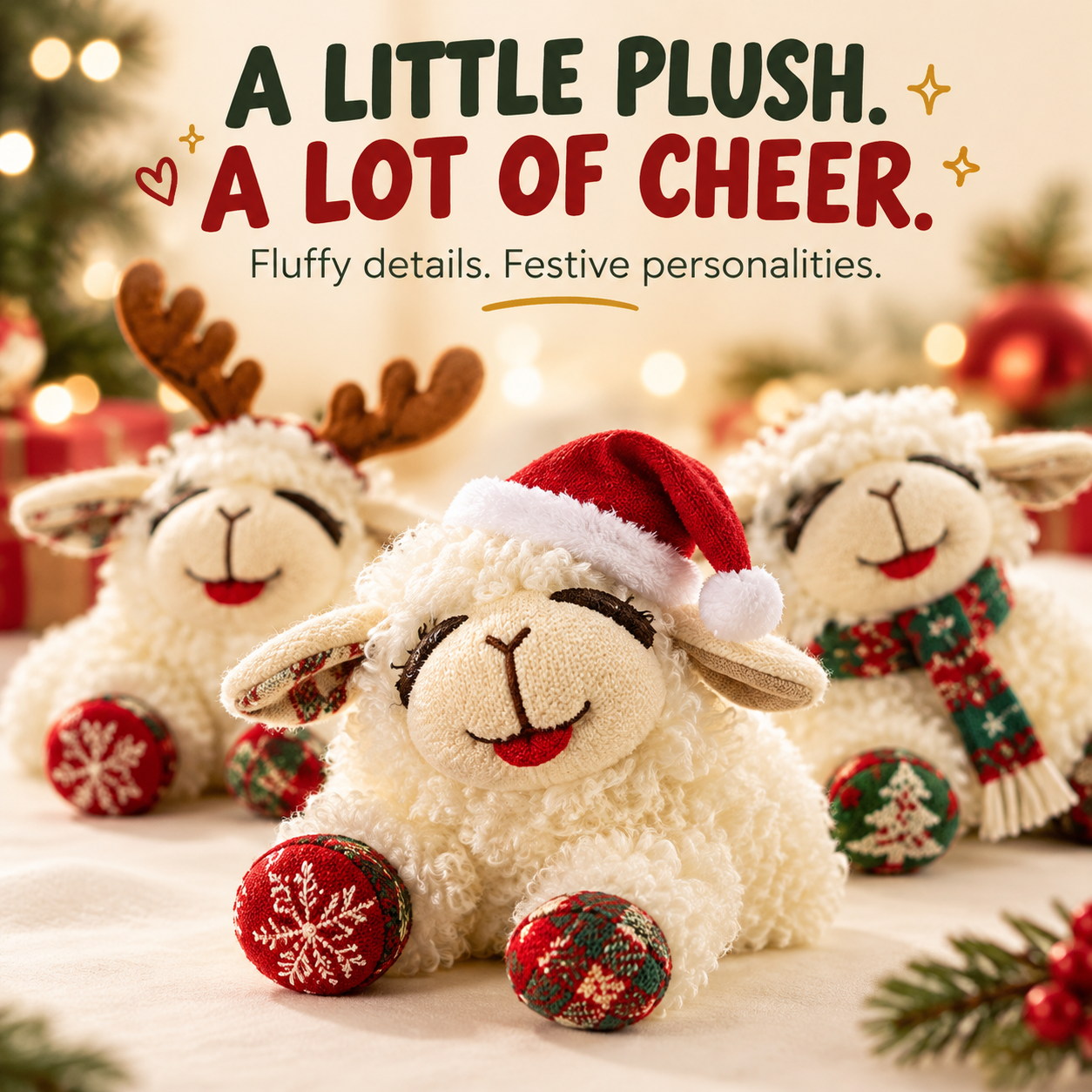 Close-up of fluffy sheep plush characters wearing festive hats, antlers, and patterned accessories