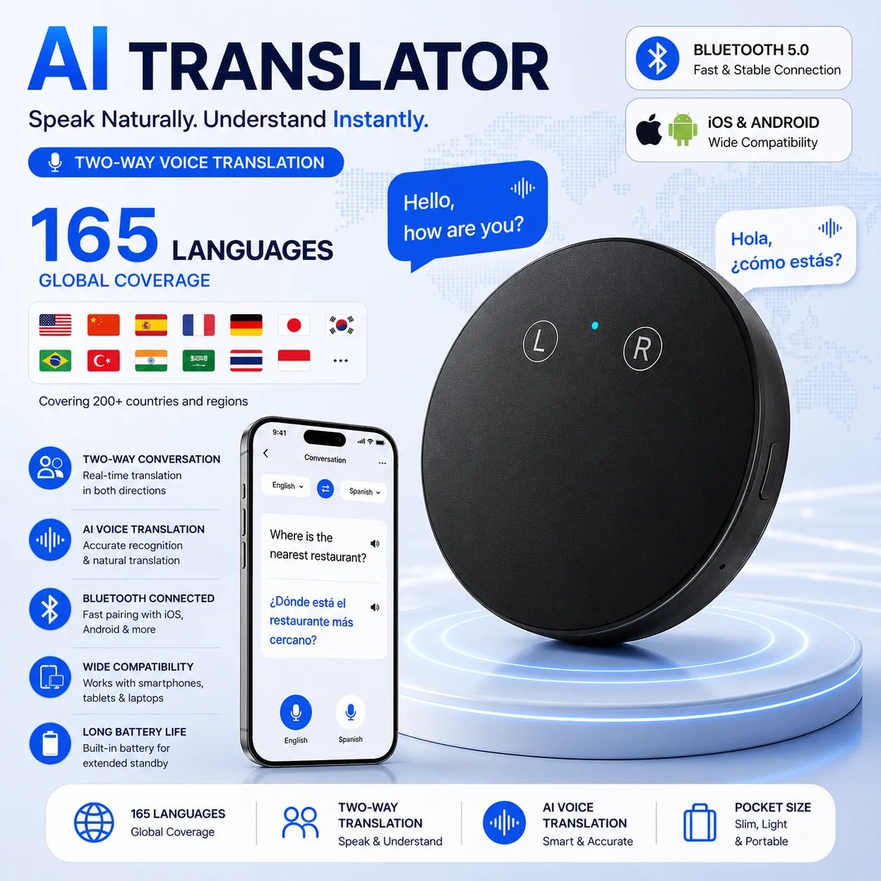 🌍 LinguaGo™ AI Pocket Translator – Real-Time Voice Translation Device for 165+ Languages