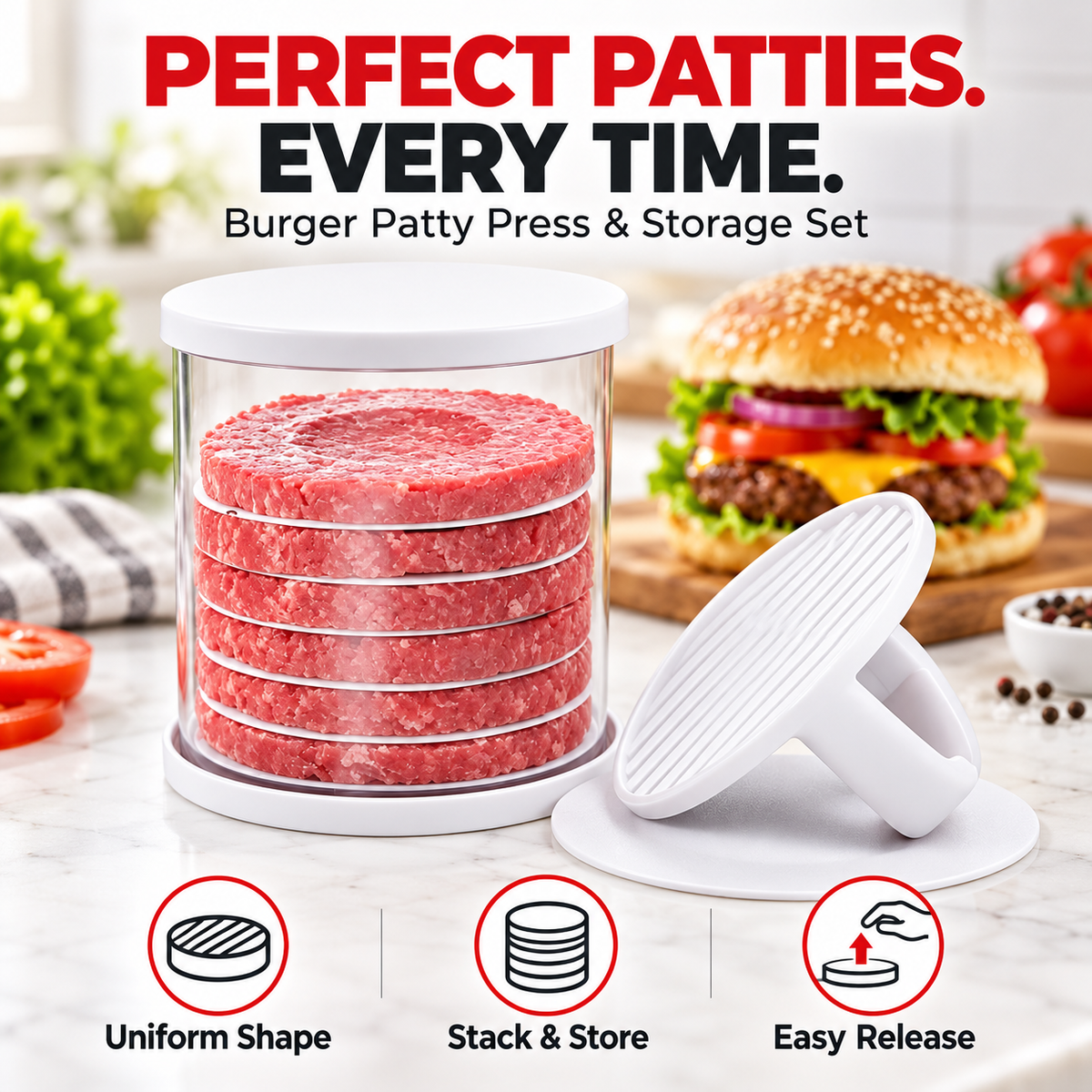🍔 PattyPro™ Burger Press & Storage Set – Perfect Patties, Ready to Stack