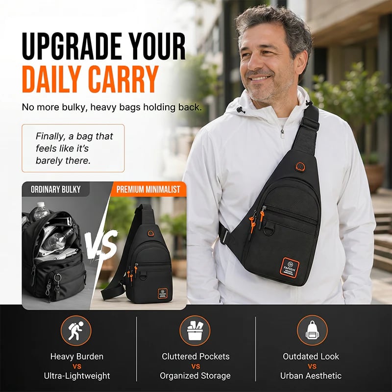 Comparison between bulky everyday bag and streamlined multi-pocket sling bag