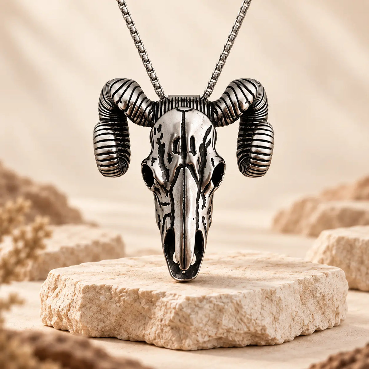 Western Skull Pendant Necklace & Belt Clip, Ram Horn and Deer Designs, Silver & Gold Tone with Turquoise-Style Accent, Cowboy Statement Jewelry Gift