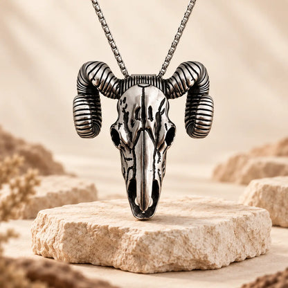 Western Skull Pendant Necklace & Belt Clip, Ram Horn and Deer Designs, Silver & Gold Tone with Turquoise-Style Accent, Cowboy Statement Jewelry Gift