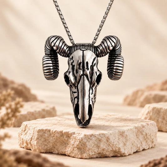 Western Skull Pendant Necklace & Belt Clip, Ram Horn and Deer Designs, Silver & Gold Tone with Turquoise-Style Accent, Cowboy Statement Jewelry Gift