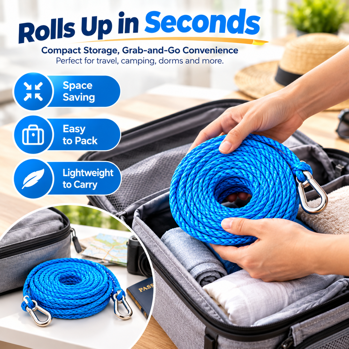 Hands packing a rolled blue braided portable clothesline with metal hooks into an open travel suitcase