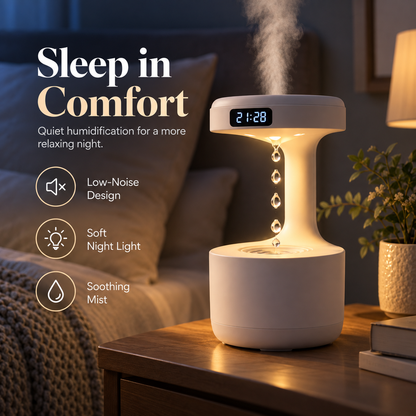 Anti-Gravity Humidifier with Floating Water Drop Effect, Quiet Desktop Cool Mist Humidifier with Soft Night Light & Digital Clock, Modern Bedside Decor for Bedroom, Office & Home