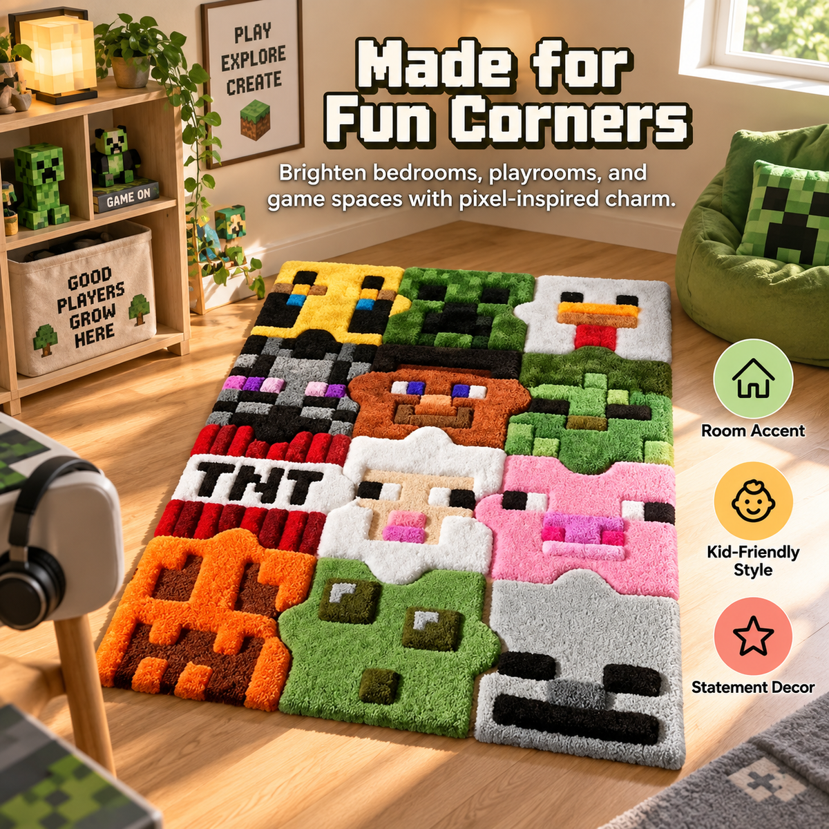 🎮 PixelPlay™ Puzzle Rug – Interlocking Soft Pixel Floor Mat for Fun Gaming Spaces