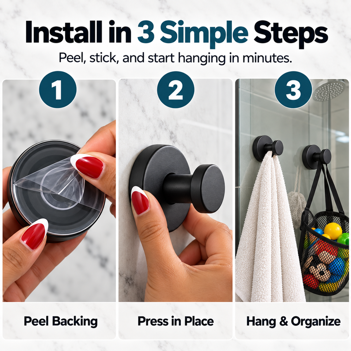 Three-step StickPro installation showing peel backing press in place and hang items