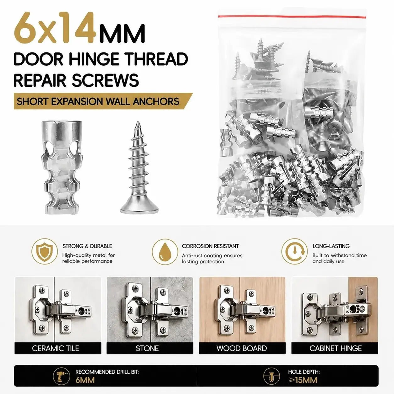 🔧🚪6x14mm Door Hinge Repair Screws & Wall Anchors Pack(60pcs)