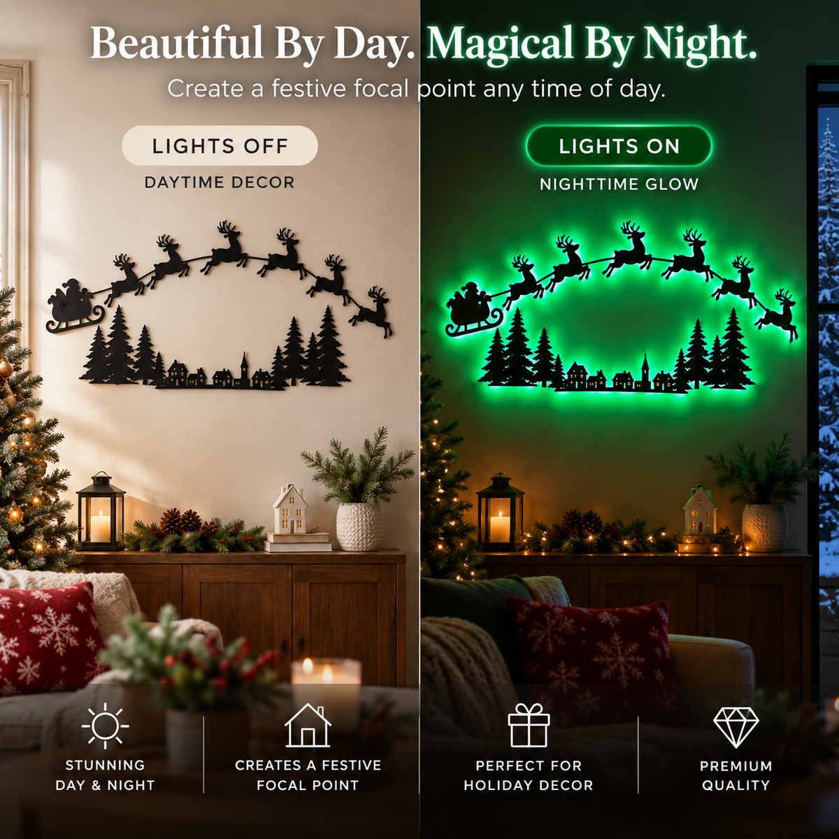 LED Christmas Wall Decor with Santa Sleigh & Reindeer, Green Glowing Holiday Wall Light, Festive Wall Hanging Decoration for Living Room, Bedroom, Fireplace & Seasonal Home Decor