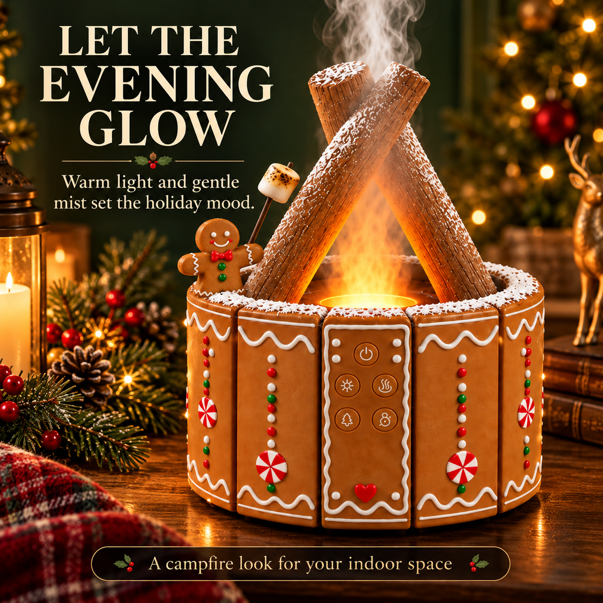 🎄 GingerGlow™ Christmas Fireplace Diffuser – LED Flame & Aromatherapy
