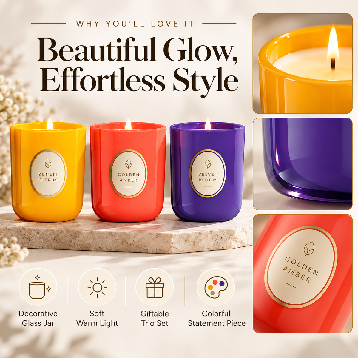 ✨ AuraGlow™ Luxury Candle Set – 3-Piece Scented Candles for Cozy Home Ambience