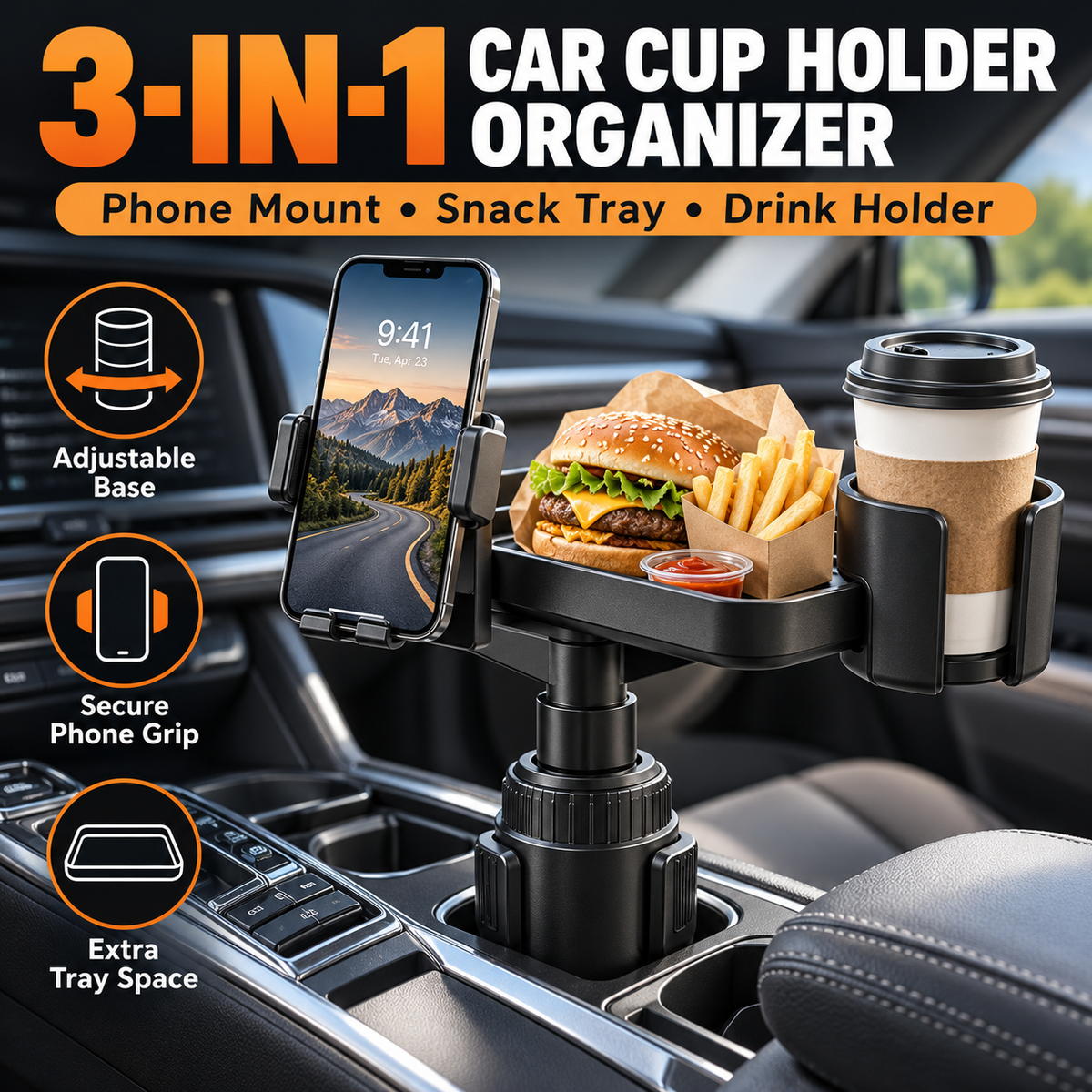 3-in-1 car cup holder phone mount with tray and organizer - product image 1