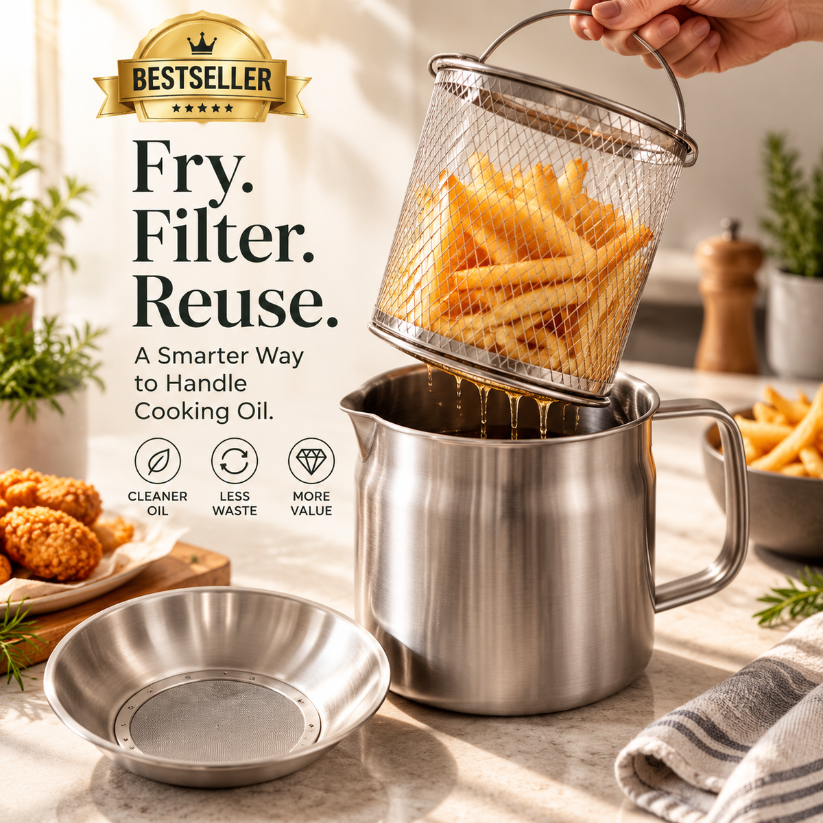 ✨ Stainless Steel Cooking Oil Filter Pot Set | Removable Mesh Basket + Drip Tray | Lift, Drain & Reuse Frying Oil 🍟🔥