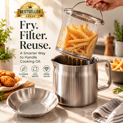 ✨ Stainless Steel Cooking Oil Filter Pot Set | Removable Mesh Basket + Drip Tray | Lift, Drain & Reuse Frying Oil 🍟🔥