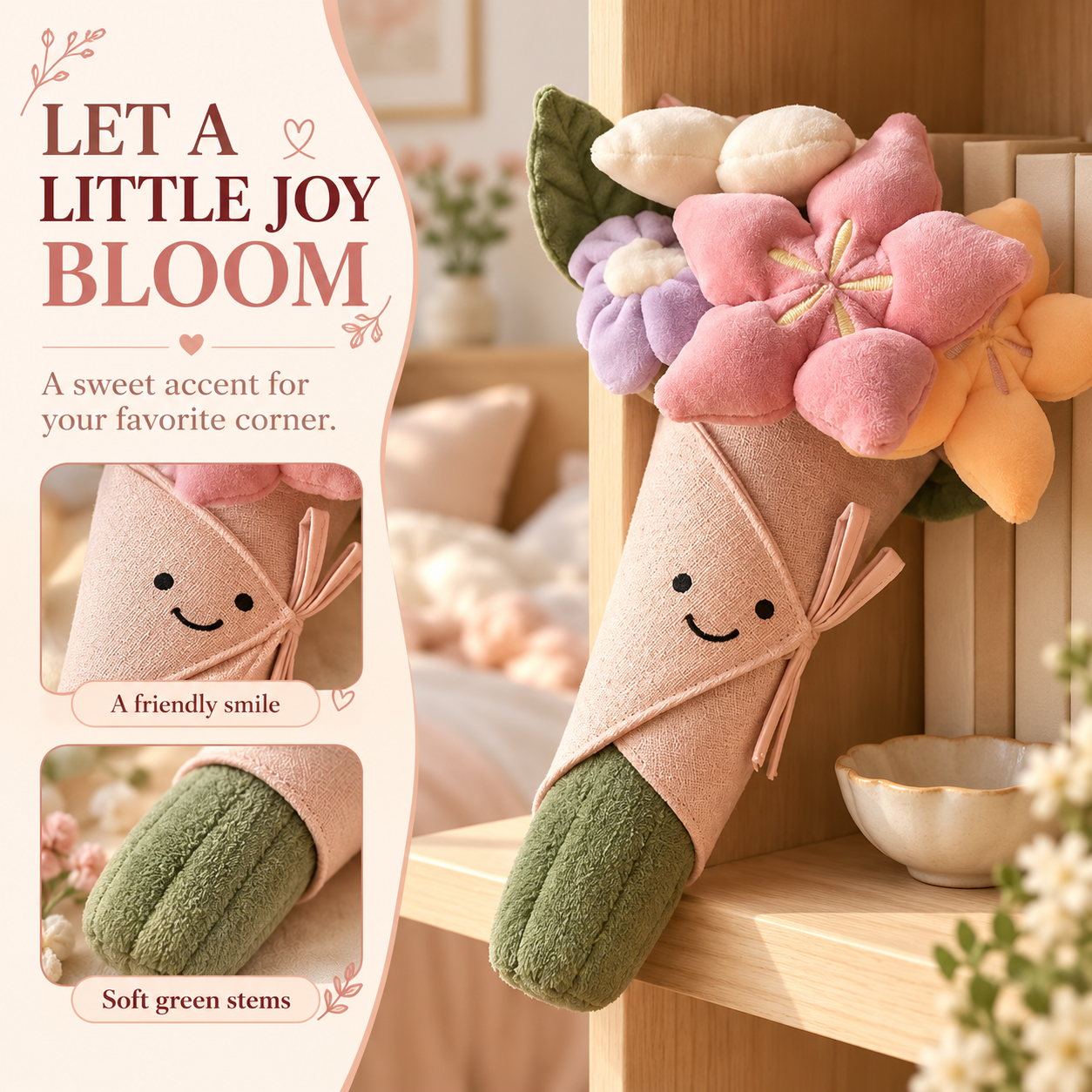 Smiling plush bouquet displayed on a shelf beside books and a cup