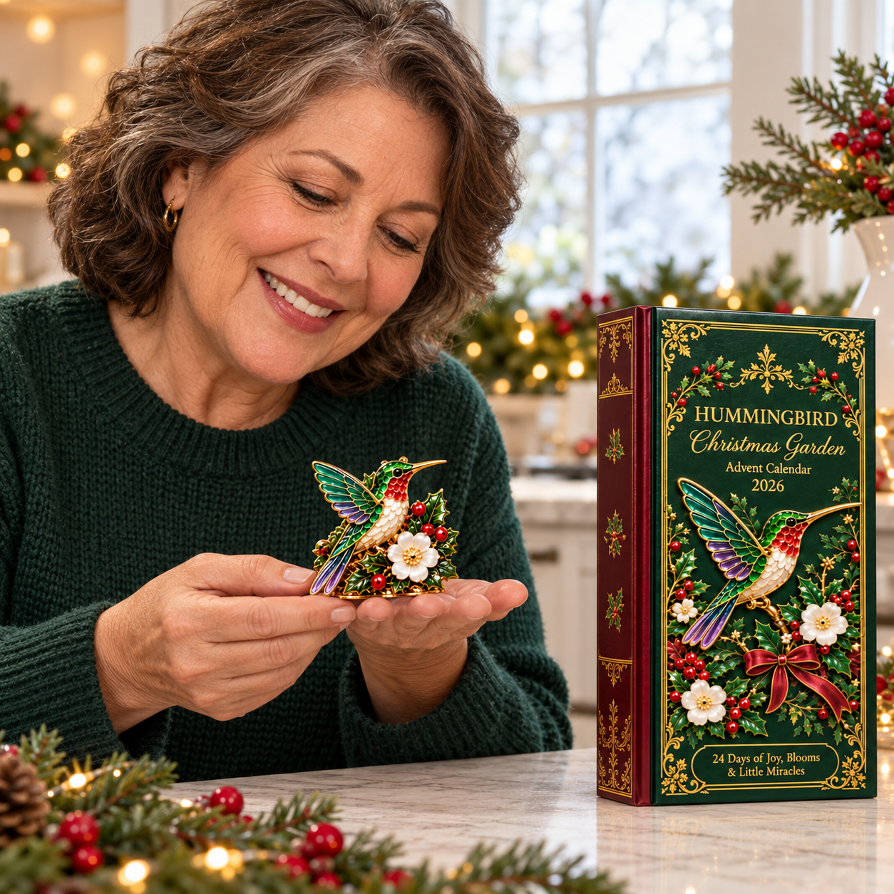 Person admiring a hummingbird-themed decorative piece beside the advent calendar