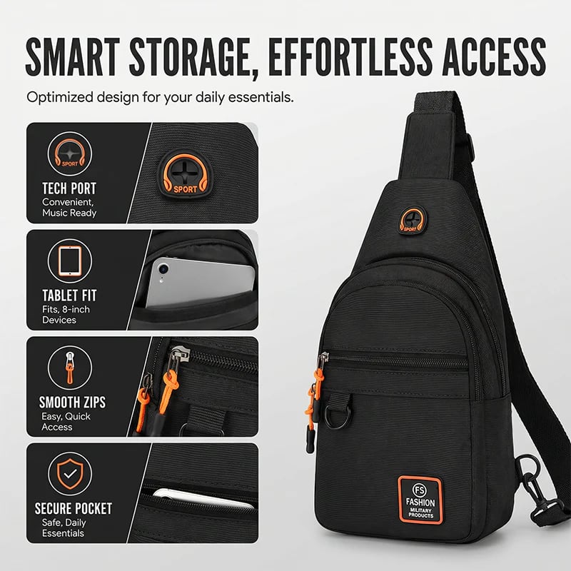 Multi-pocket sling bag showing storage compartments, device pocket and exterior zippers
