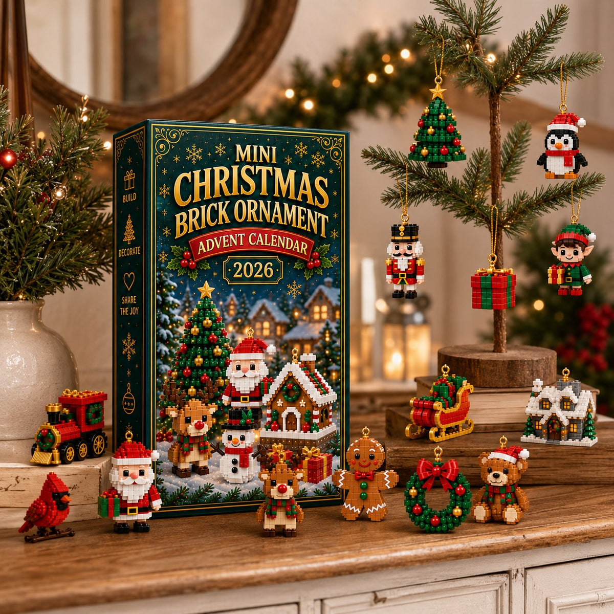 Finished mini Christmas brick ornaments displayed on a small tabletop tree and holiday console