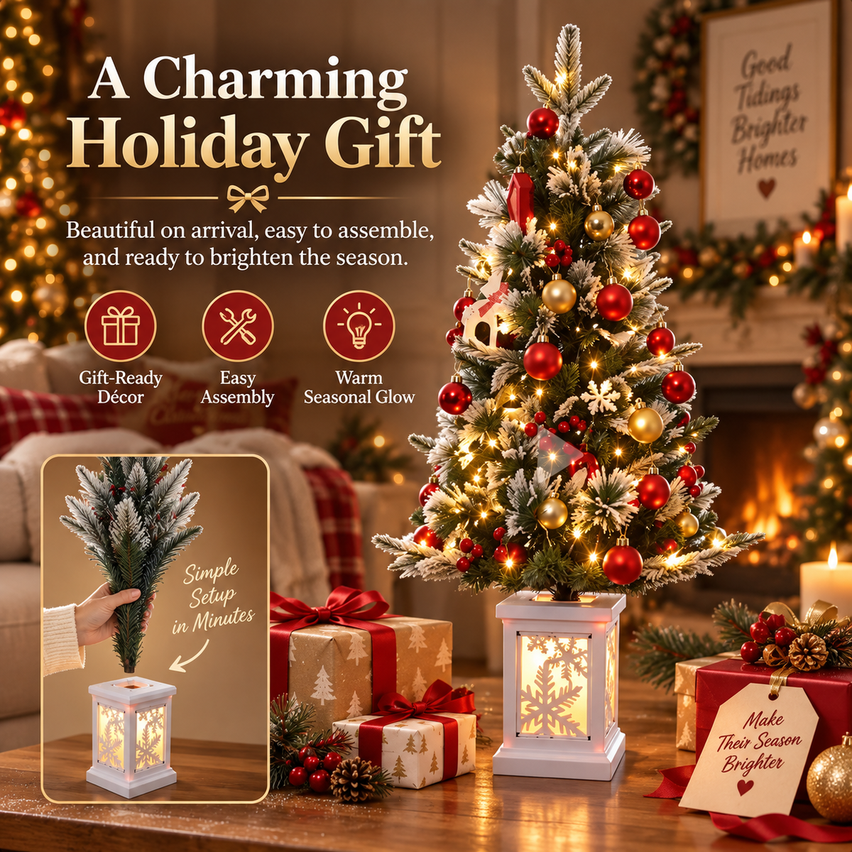 ✨ MerryGlow™ Pre-Lit Tabletop Christmas Tree – Festive Mini Tree with Glowing Lantern Base