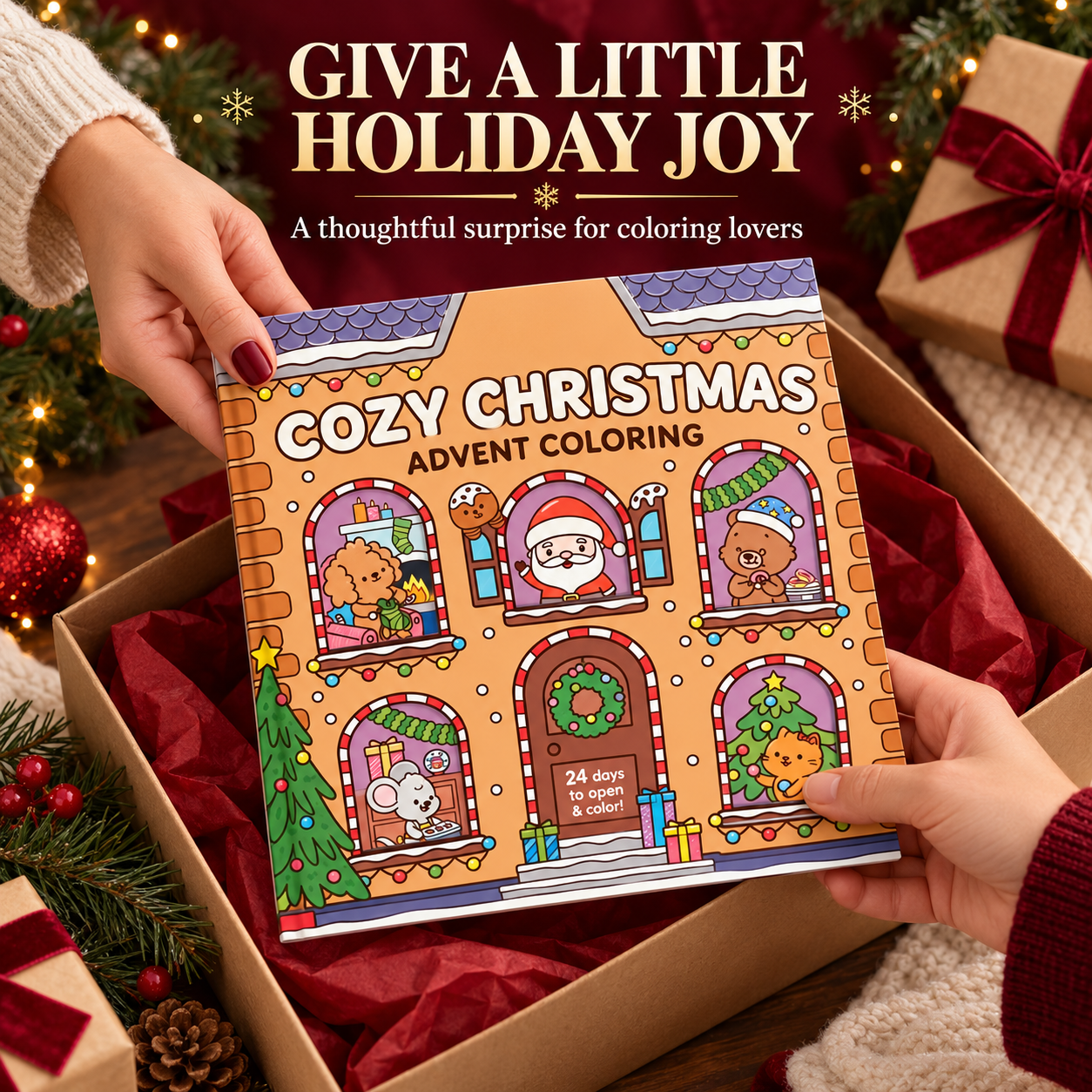 Christmas advent coloring book presented in a gift box with red tissue paper