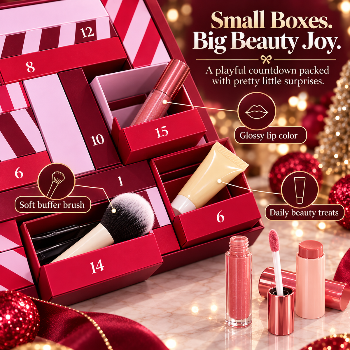24-Day Beauty Advent Calendar for Women, Christmas Makeup Countdown Gift Box with Daily Beauty Surprises, Cosmetics, Brushes & Glow Essentials for Girls, Teens & Makeup Lovers