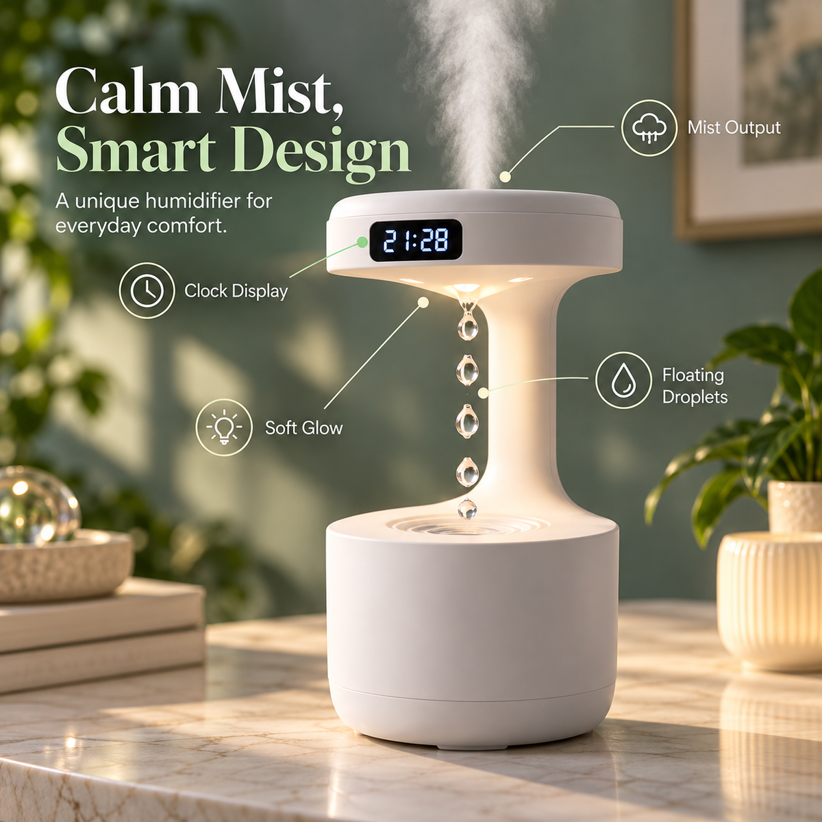 Anti-gravity humidifier detail showing mist output clock display floating droplets and soft glow