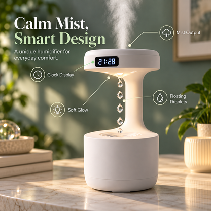 Anti-Gravity Humidifier with Floating Water Drop Effect, Quiet Desktop Cool Mist Humidifier with Soft Night Light & Digital Clock, Modern Bedside Decor for Bedroom, Office & Home