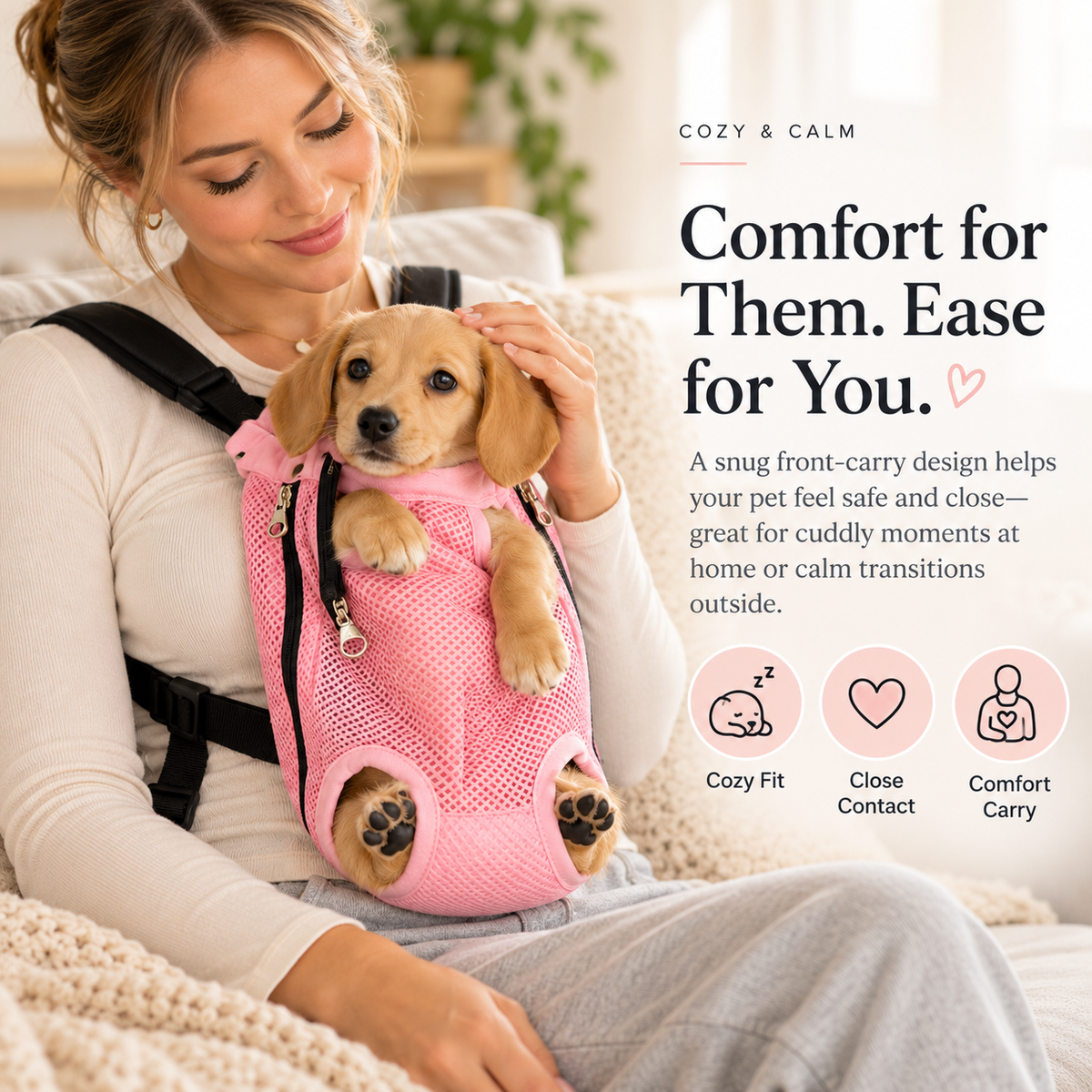 Pet owner gently petting her puppy while the puppy rests in a pink front pet carrier