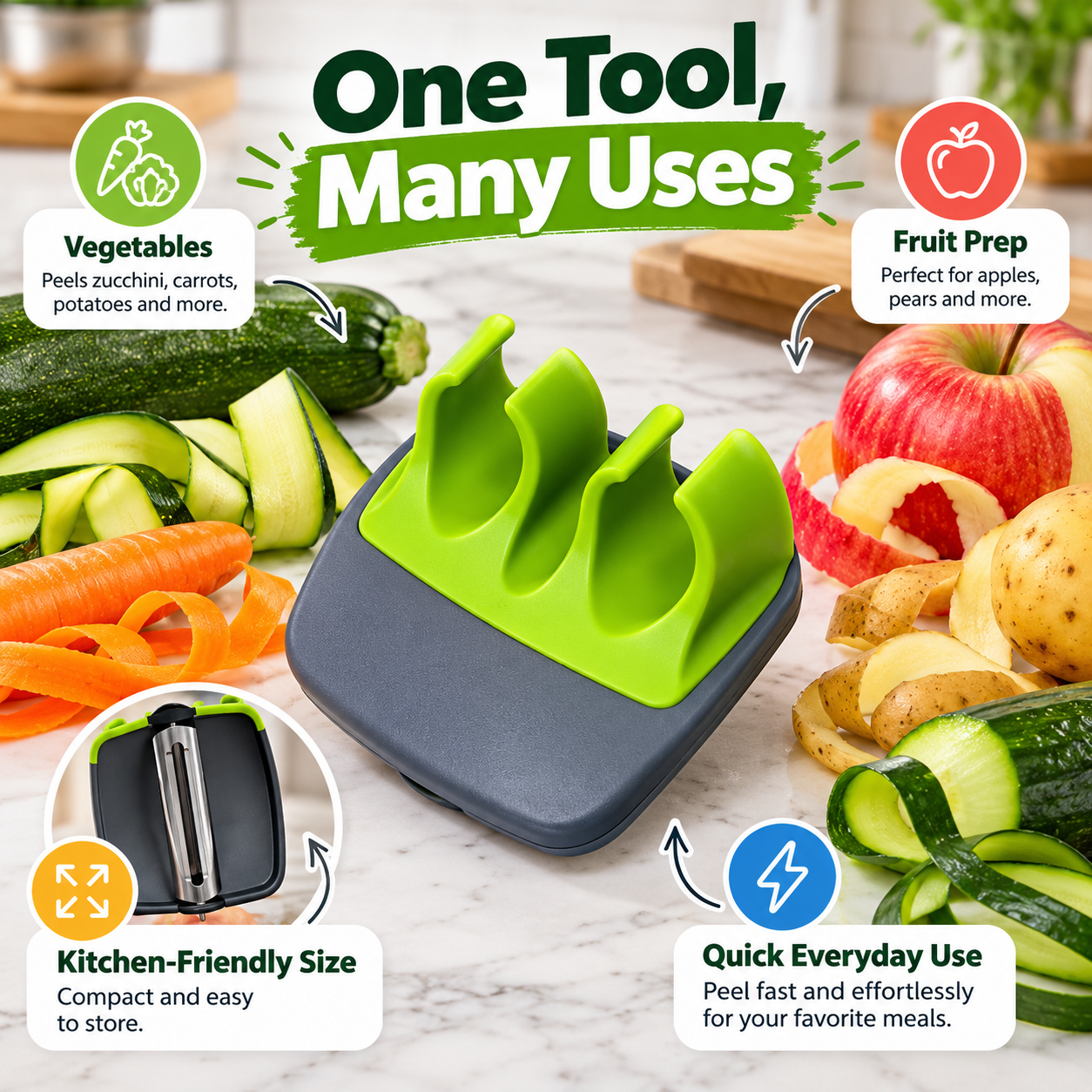 Compact peeler displayed with vegetables and fruit for everyday kitchen preparation