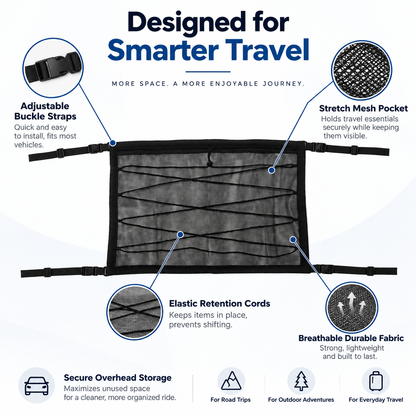 🚙 RoofVault™ Large-Capacity Car Ceiling Storage Net – Reinforced Overhead Cargo Organizer