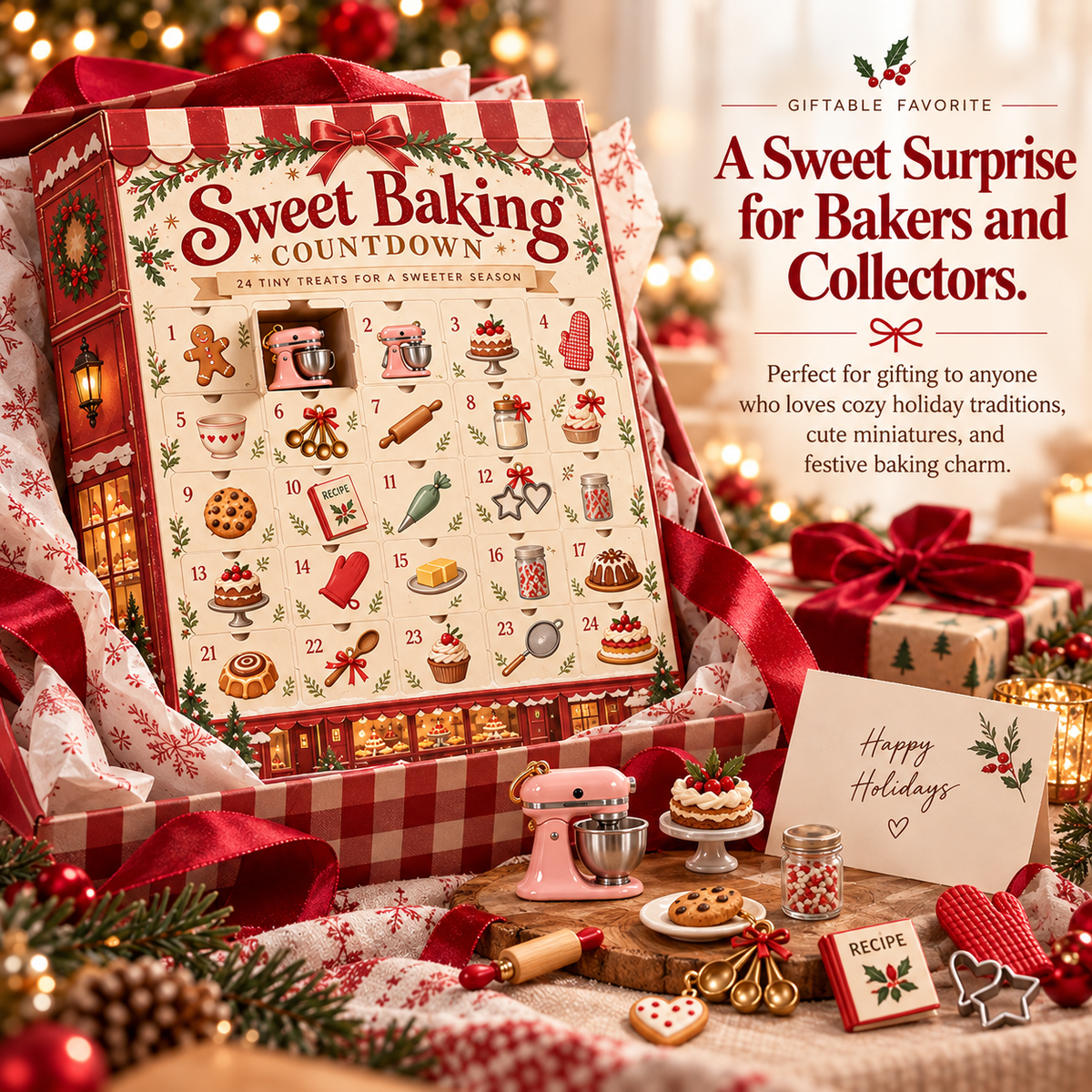 Sweet Baking Christmas advent calendar presented as a festive gift with ribbons and miniature baking collectibles