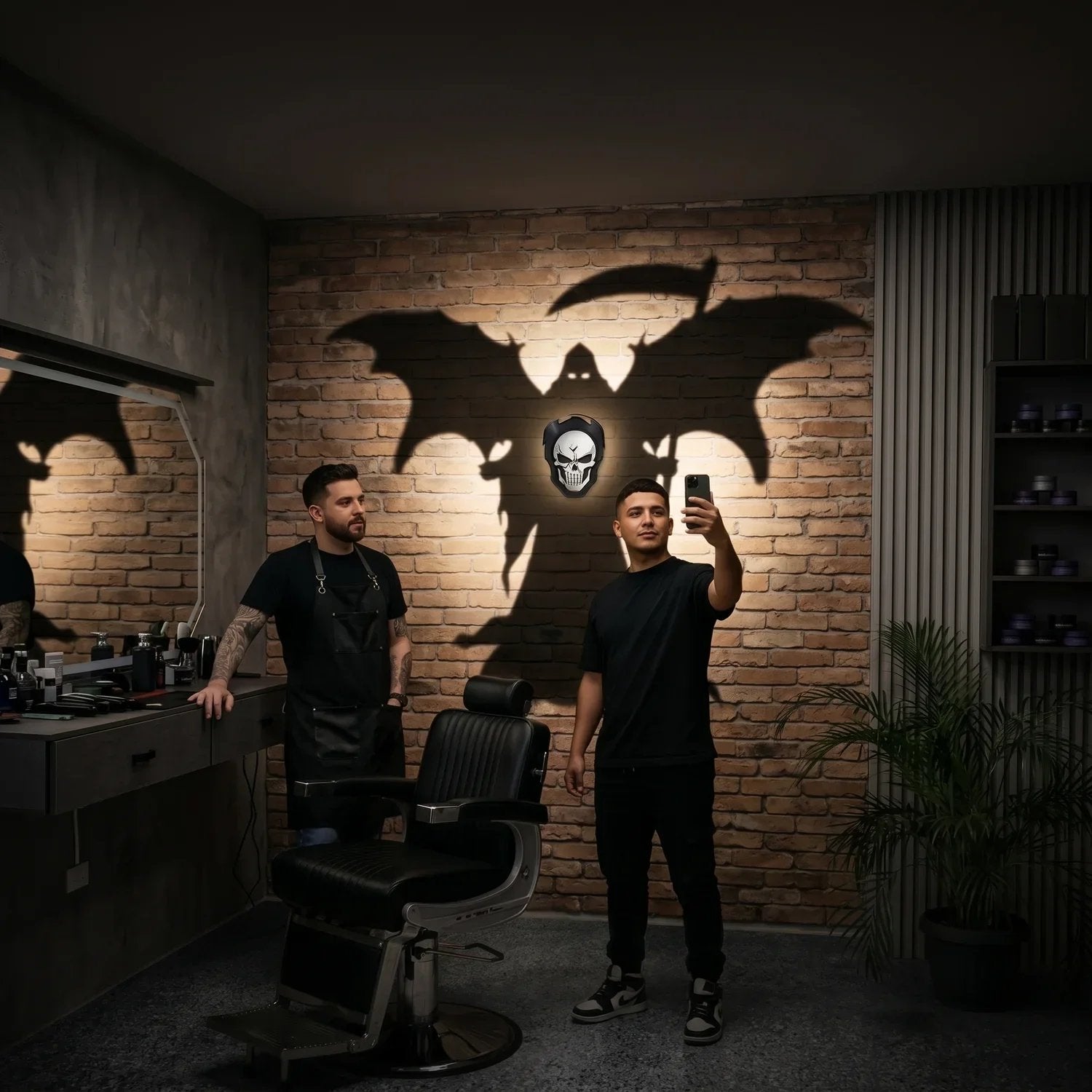 Grim Reaper shadow wall light creating a winged silhouette in a dark interior