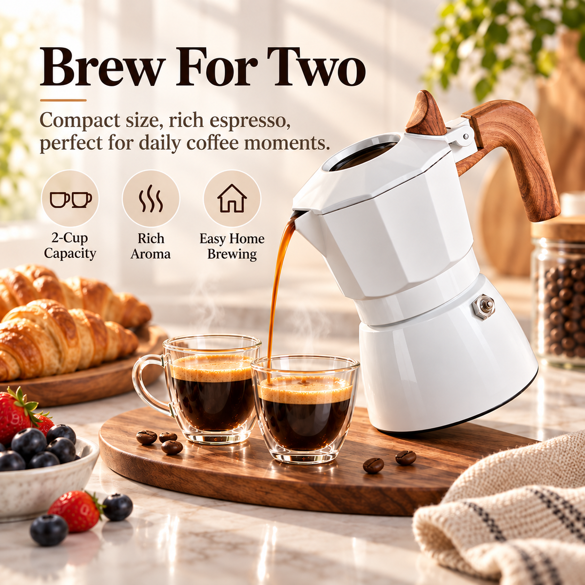 ☕ 2-Cup Electric Moka Pot – Compact Italian Espresso Maker with Ceramic Non-Stick Interior, High-Pressure Extraction & Wood-Style Handle for Home & Office