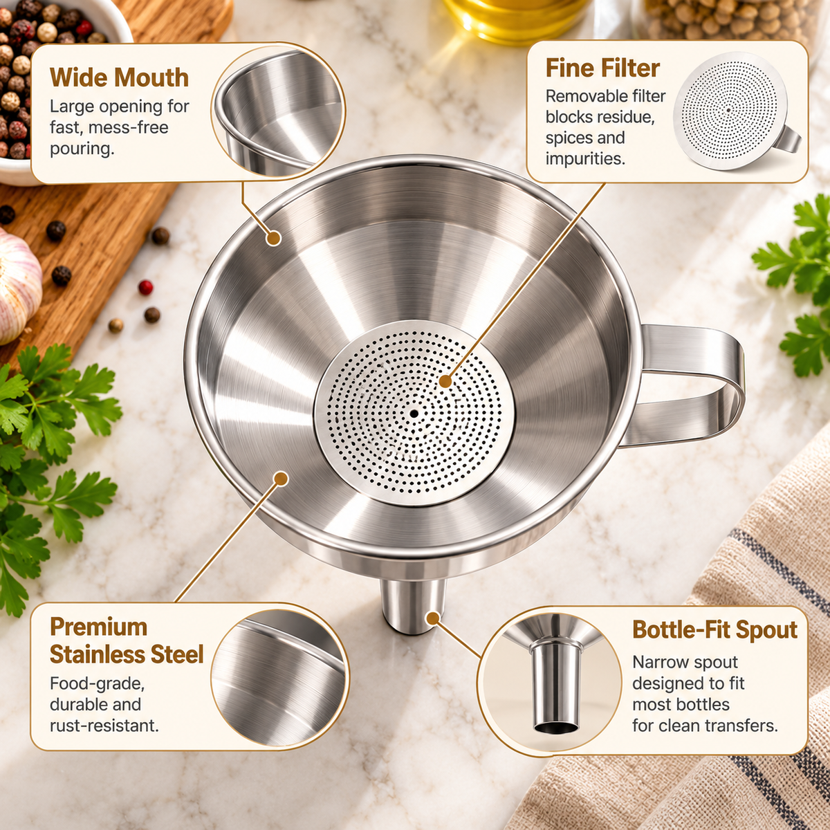 🍳 Stainless Steel Filter Funnel – Removable Strainer for Easy Pouring