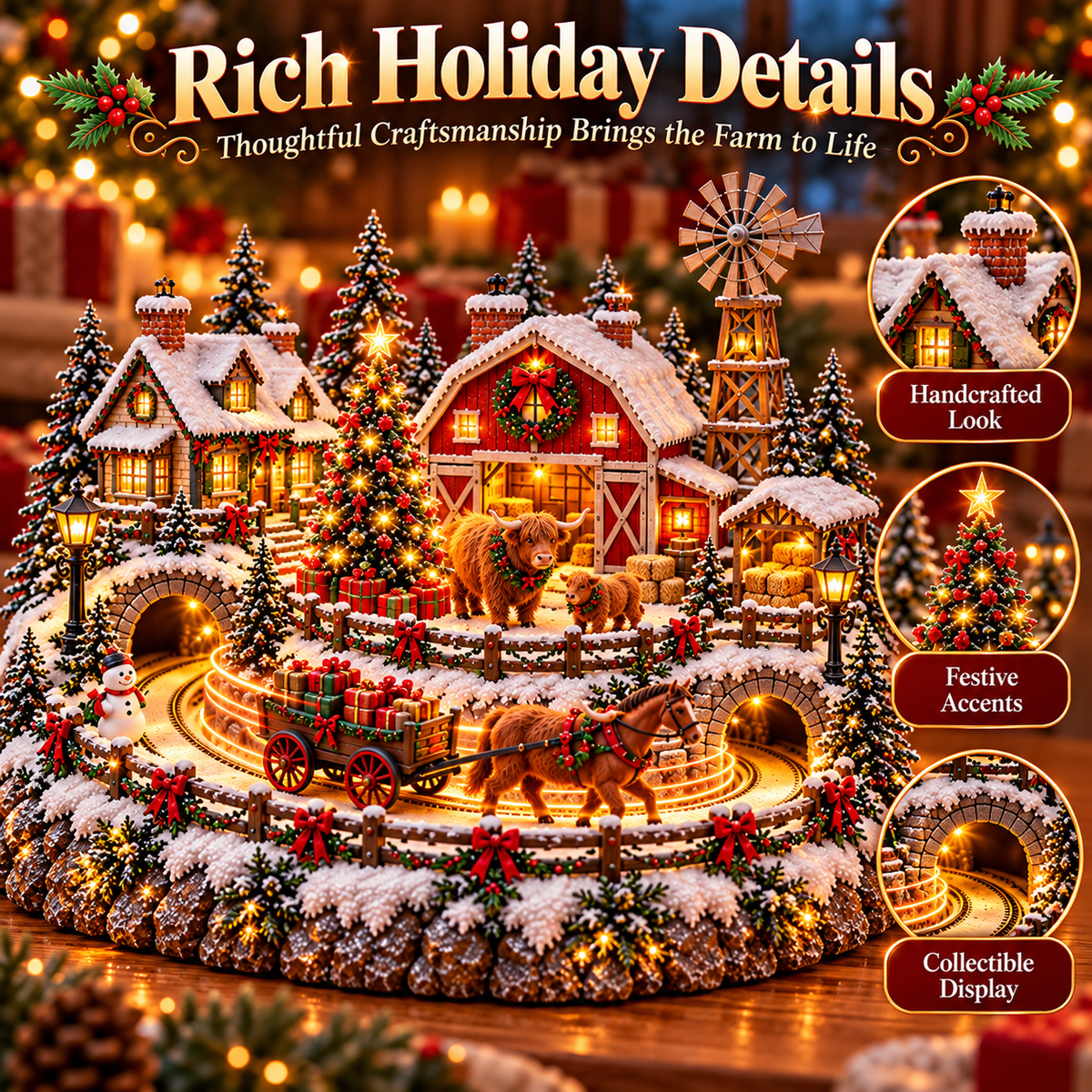 Detailed Highland cow Christmas village with snowy cottages, festive barn, miniature trees, and decorative farm scenery
