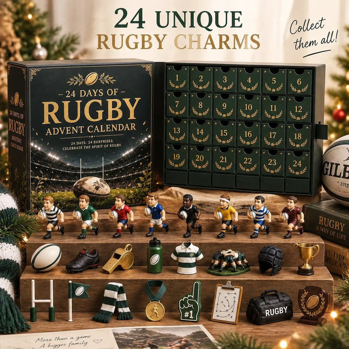 Rugby Advent Calendar with 24 unique rugby-themed acrylic charms