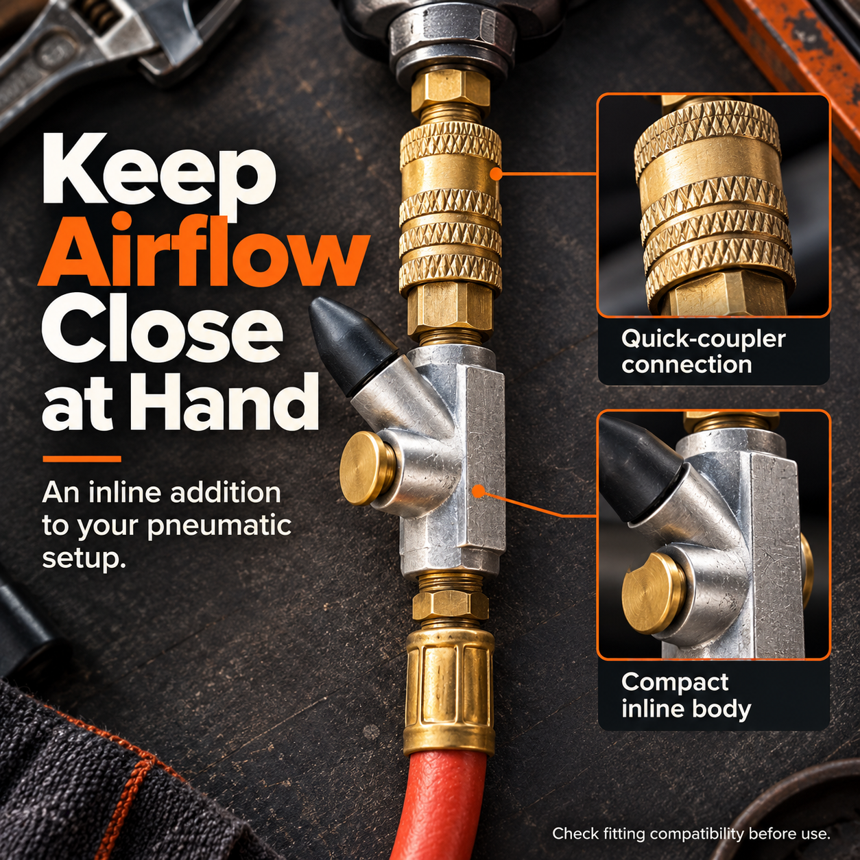 Inline nozzle installed between an air hose and a compatible pneumatic tool connection