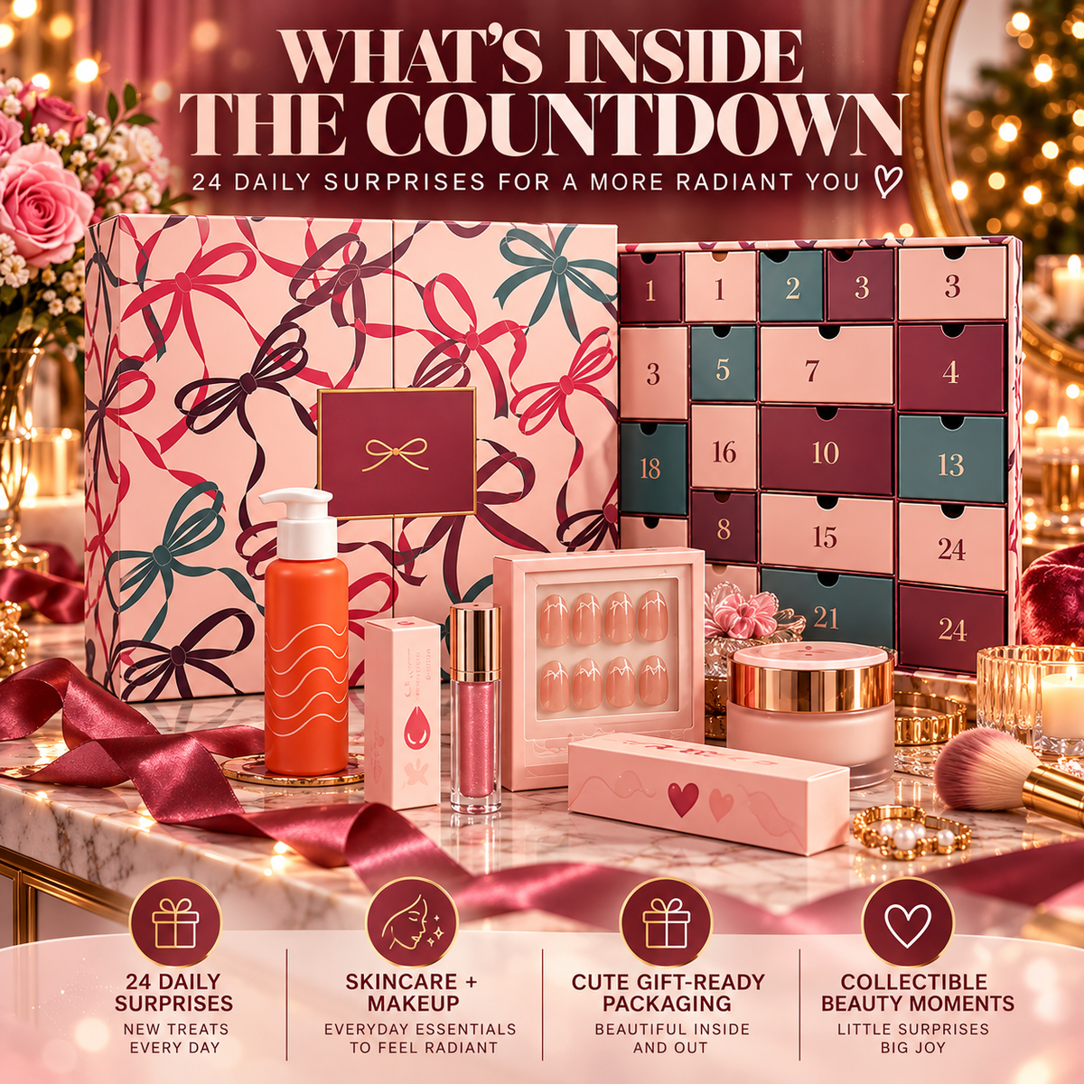 🎁 24-Day Beauty Advent Calendar – Luxury Makeup & Skincare Christmas Gift Set