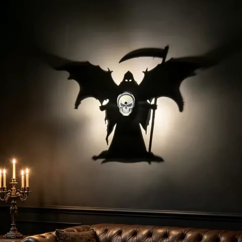 Grim Reaper shadow light used as a focal point in a gothic-style room