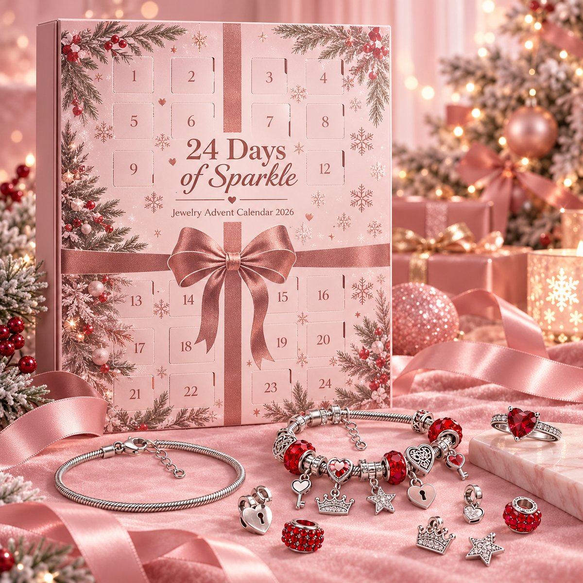 Blush pink 24 Days of Sparkle jewelry advent calendar with a rose ribbon, charm bracelet, red heart ring and festive jewelry