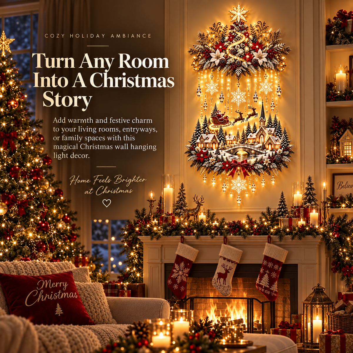 Lighted Christmas Wall Hanging Decor, Warm White LED Holiday Wall Decoration with Snowflakes, Santa Sleigh & Winter Village, Festive Christmas Home Decor for Living Room, Entryway & Fireplace