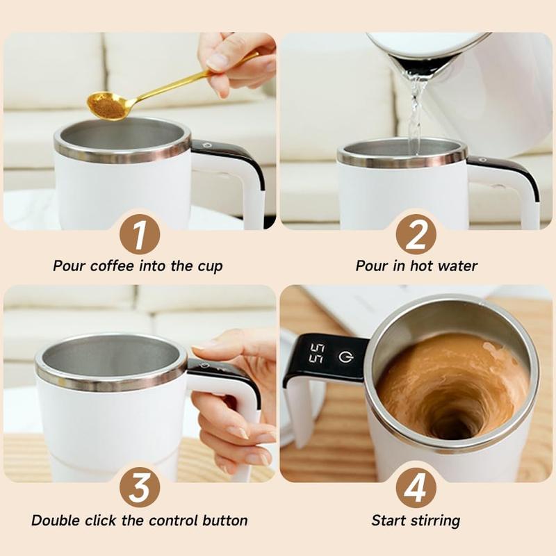 Four-step magnetic stirring mug instructions showing coffee hot water control button and automatic mixing