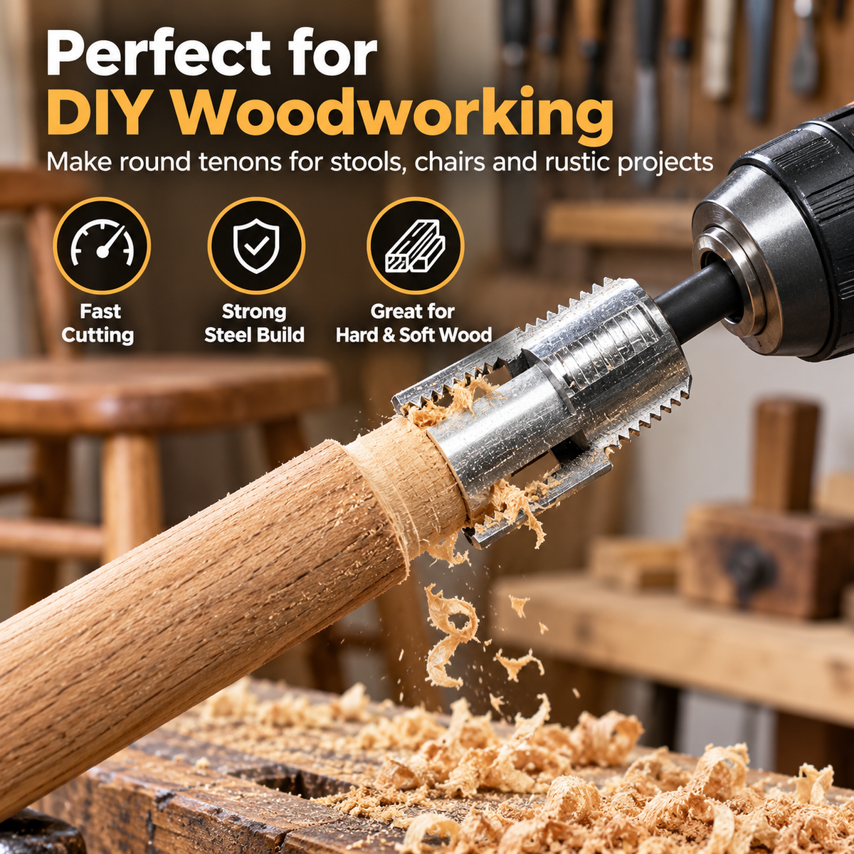Steel drill-powered tenon cutter shaping a wooden pole in a woodworking shop