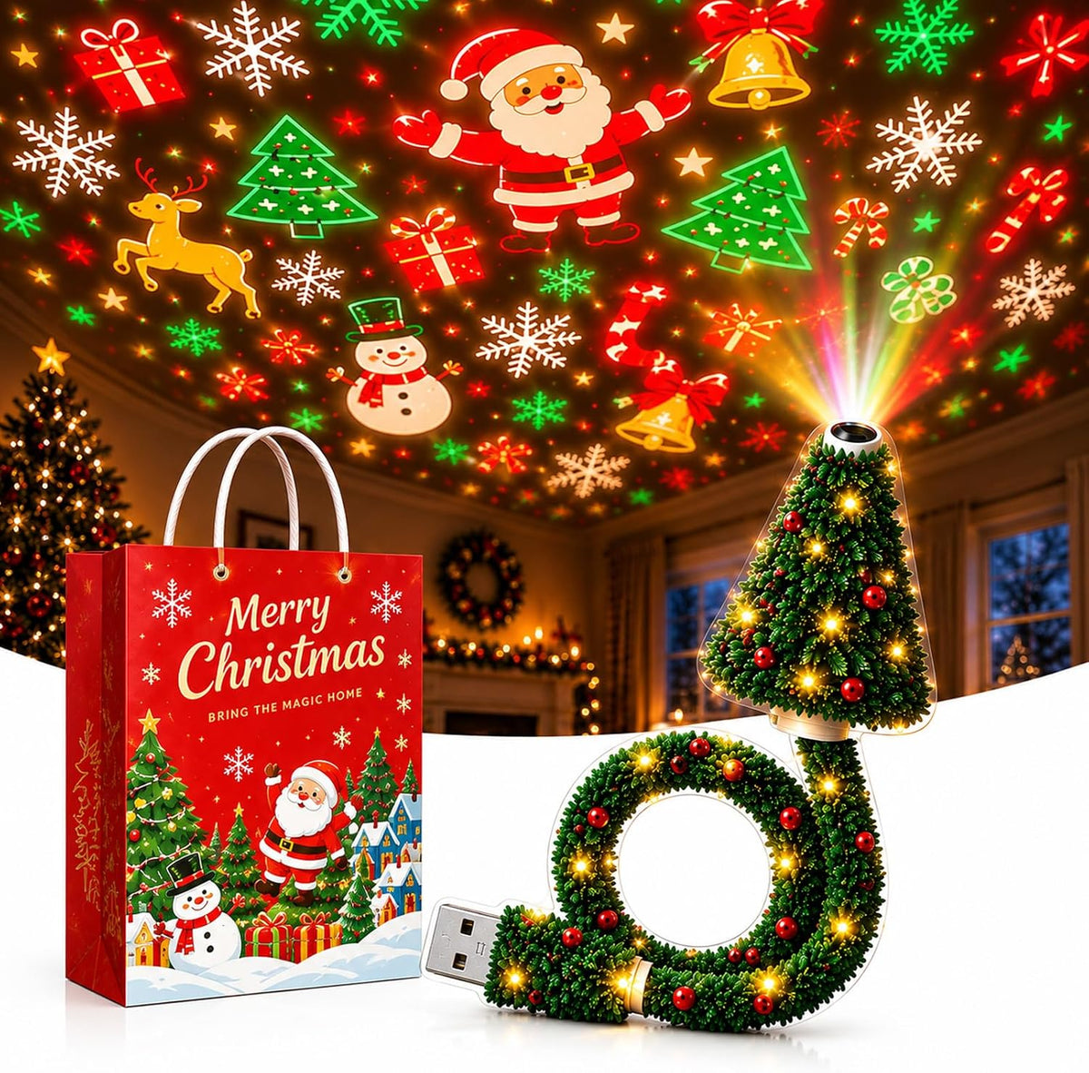 🌲Christmas Projector Light, Plug and Play HD Christmas Projector, USB Powered Christmas Night Light with 6+ Holiday Patterns, Flexible Tree Lamp for Bedroom, Ceiling, Desk & Holiday Decor