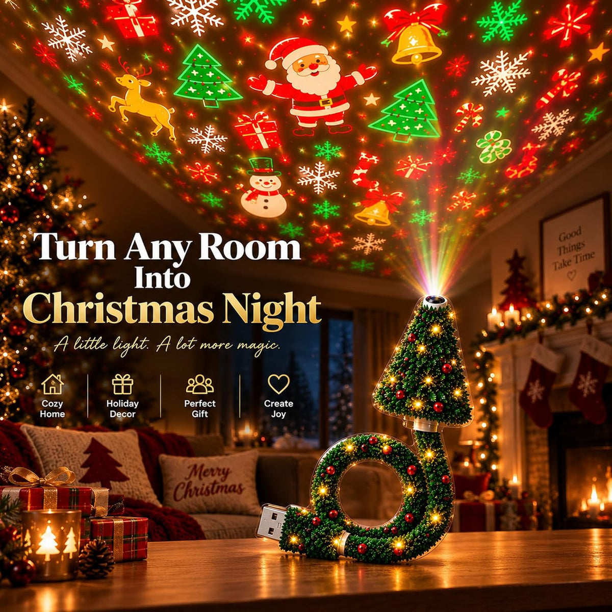 🌲Christmas Projector Light, Plug and Play HD Christmas Projector, USB Powered Christmas Night Light with 6+ Holiday Patterns, Flexible Tree Lamp for Bedroom, Ceiling, Desk & Holiday Decor
