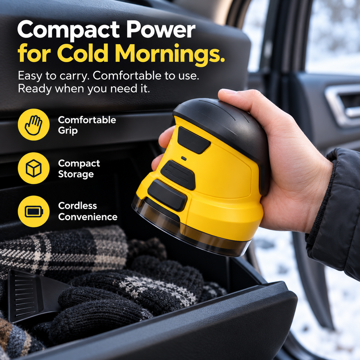 Compact yellow and black cordless electric ice scraper held beside a car during winter