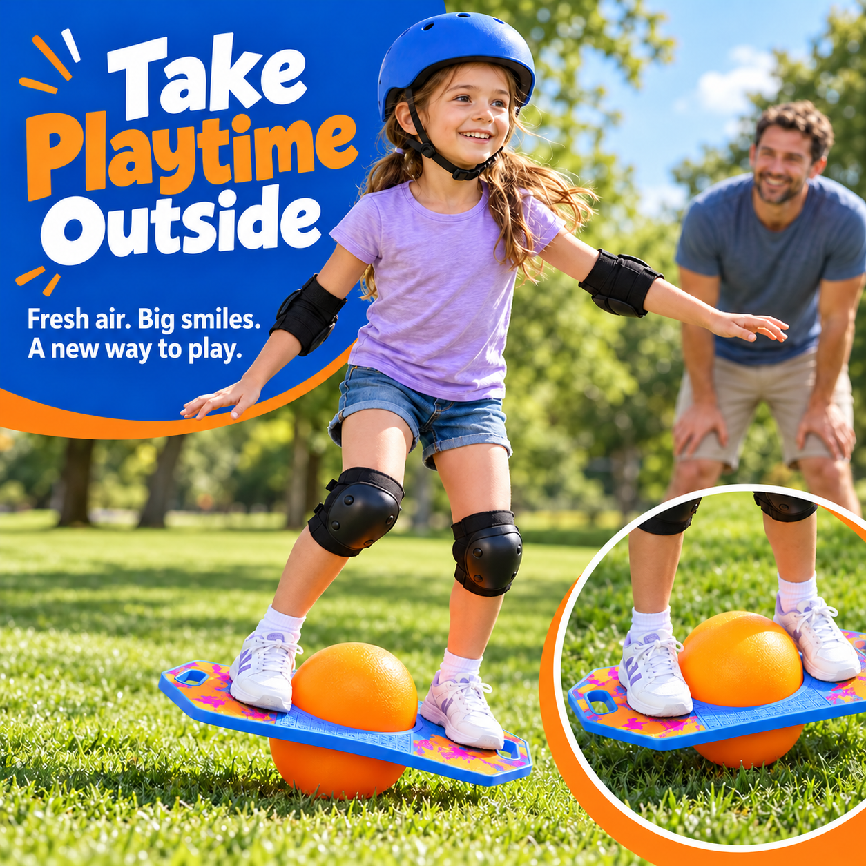 Adult supervising active play with inflatable pogo balance board