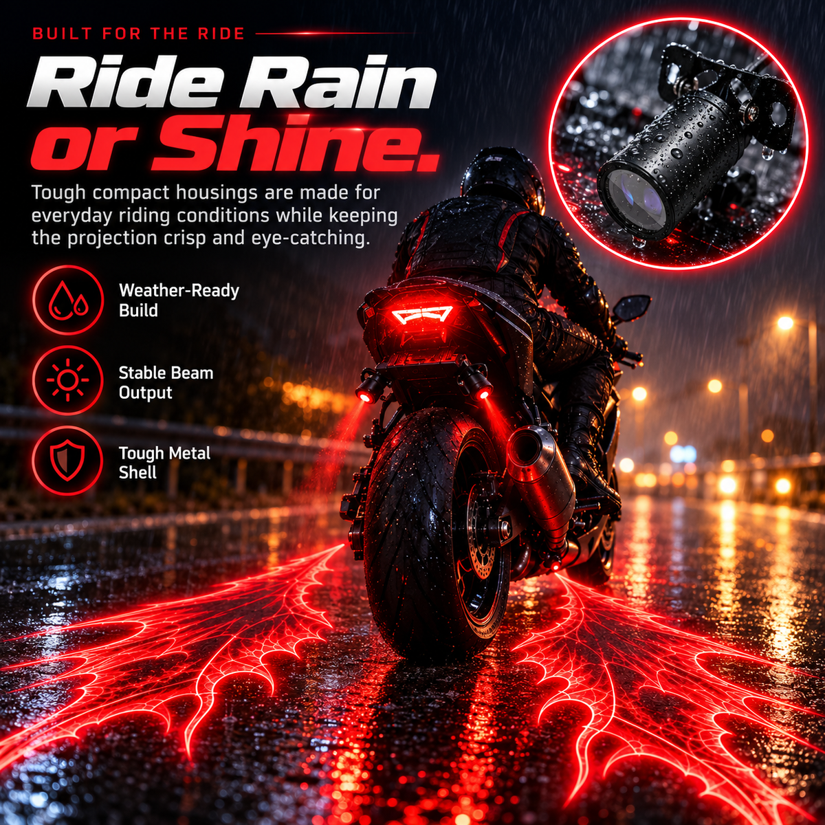 Motorcycle rear laser projectors with compact metal housing shown in rainy riding conditions